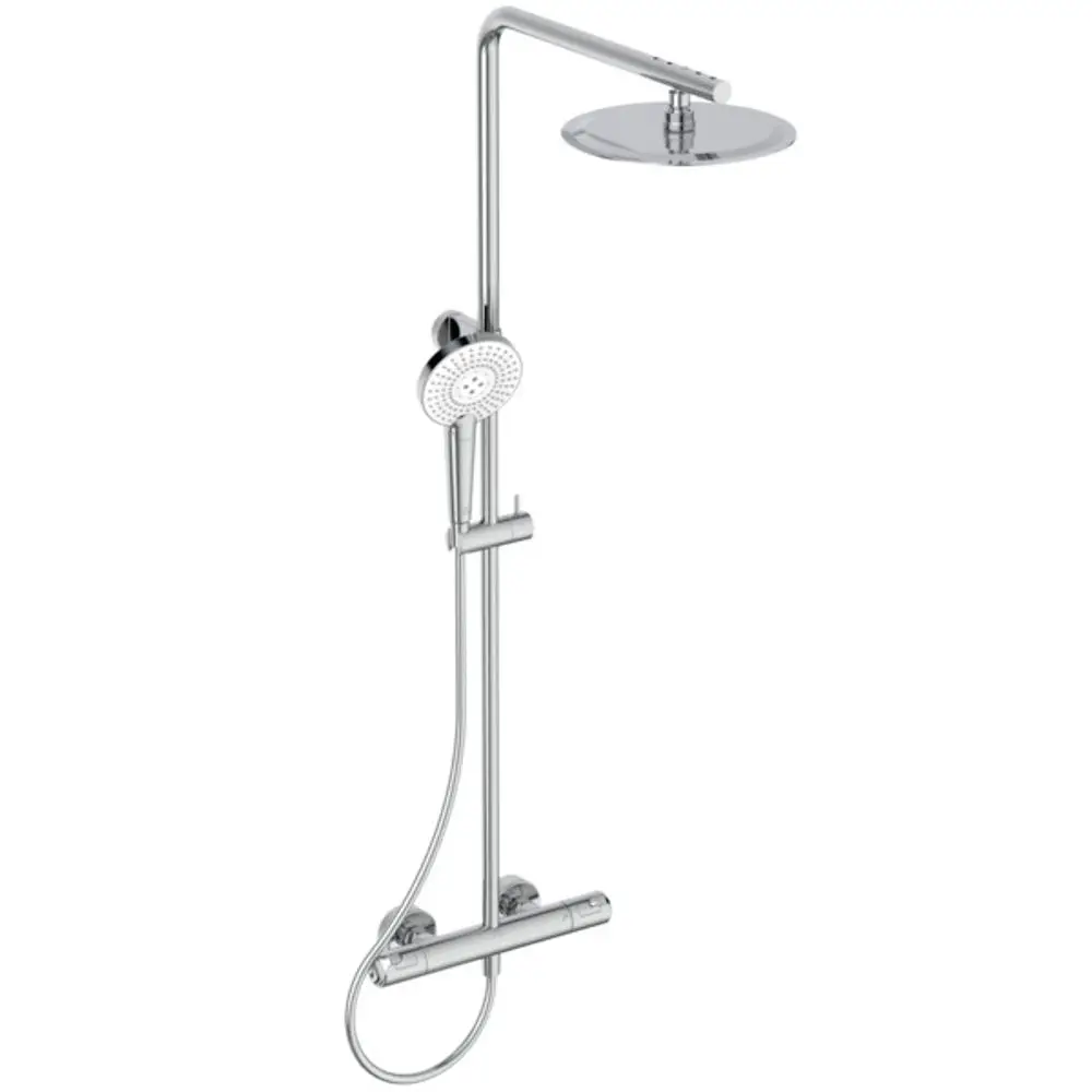 Duschsystem in Chromoptik von Ideal Standard mit integrierter Teleskopfunktion. Es verfügt über eine obere Regendusche und eine Handbrause für flexible Nutzung.